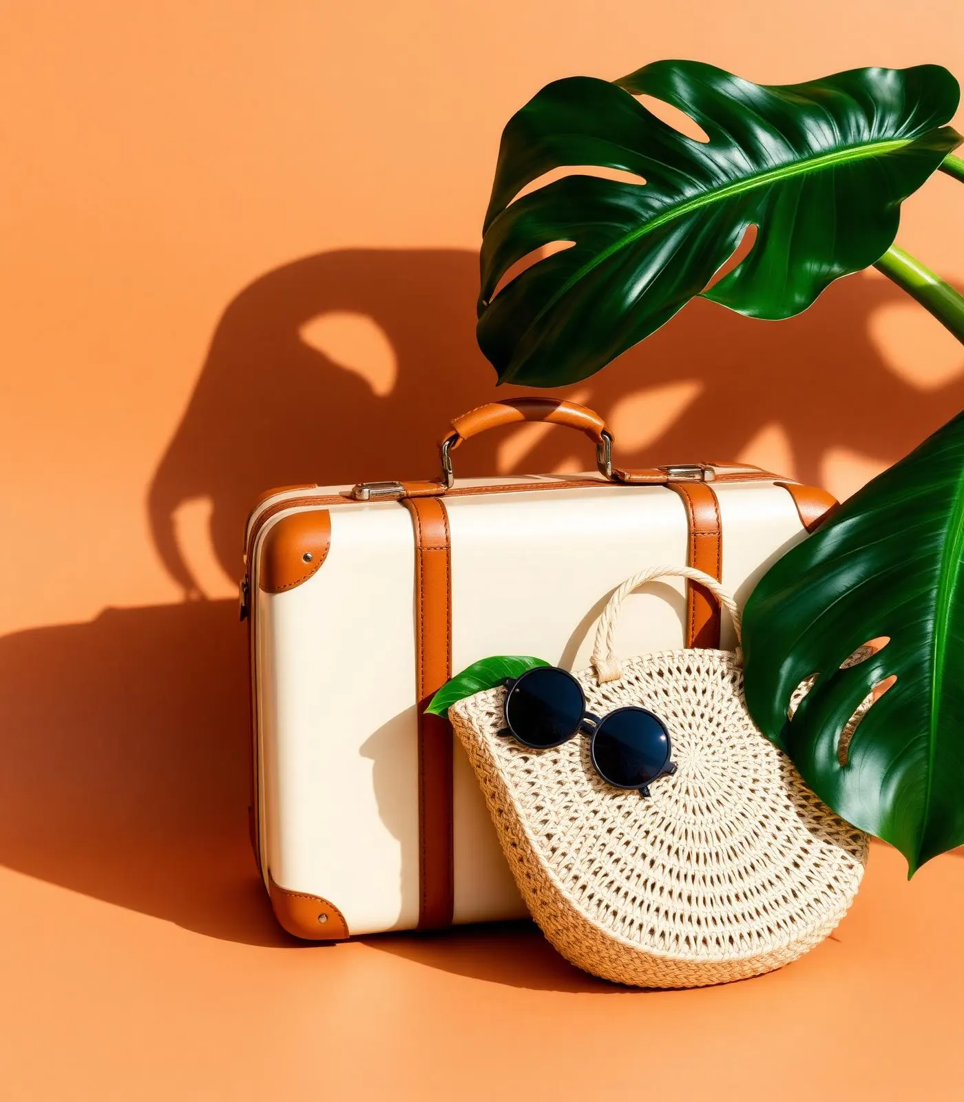 Cream suitcase with straw bag, sunglasses, and monstera leaf on peach background
